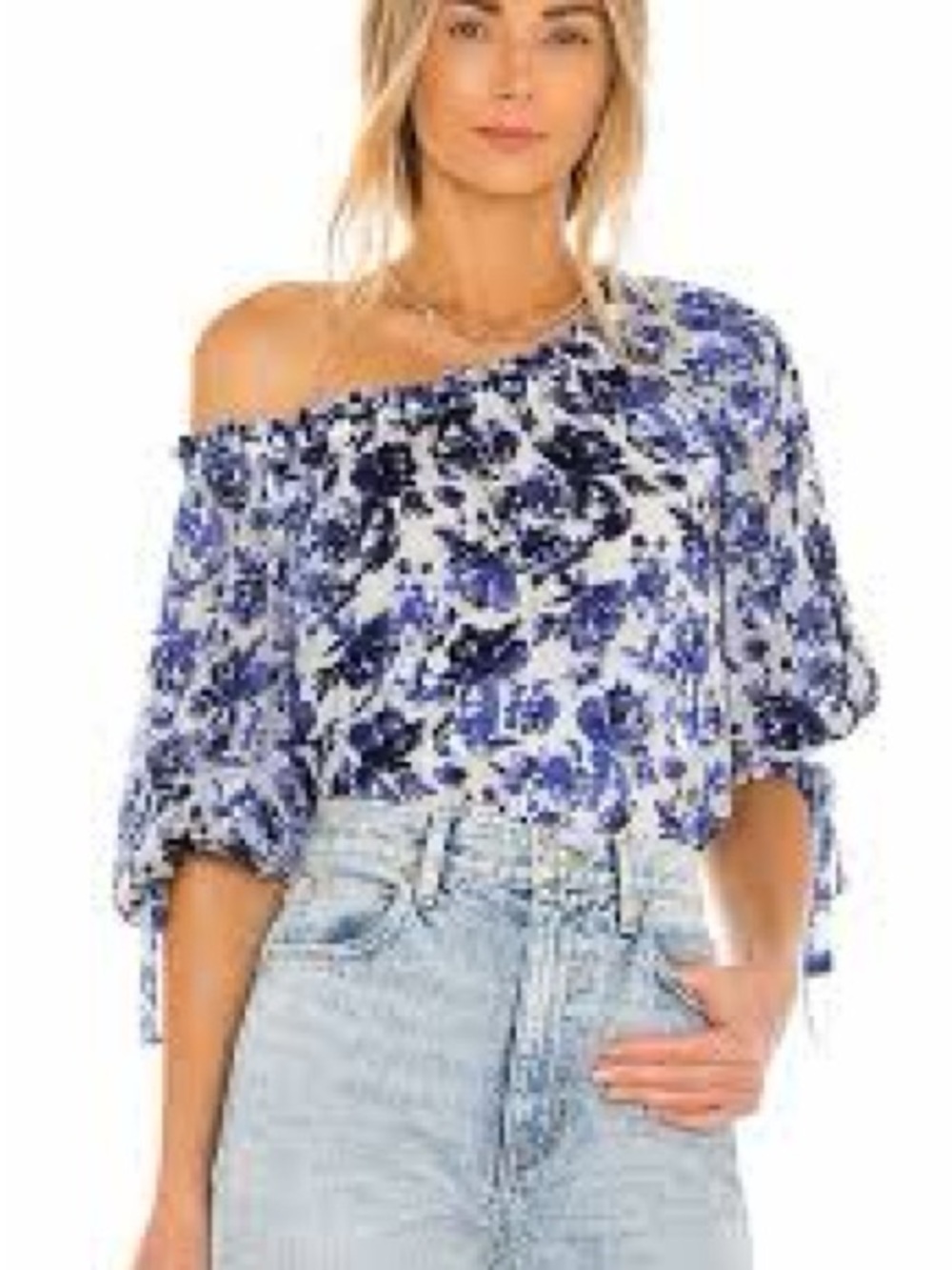 Alice + Olivia White Off-Shoulder Top with Blue Floral Print